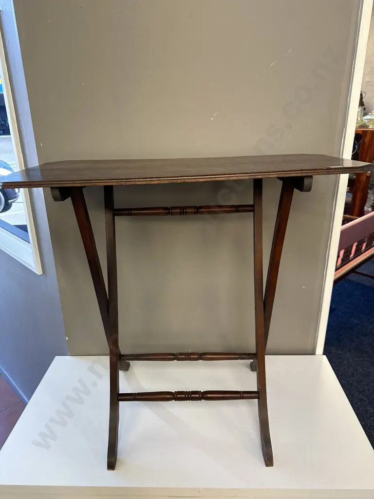 Edwardian Folding Campaign Table with cross base, turned detail Image 1++