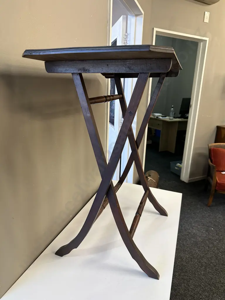 Edwardian Folding Campaign Table with cross base, turned detail Image 1++