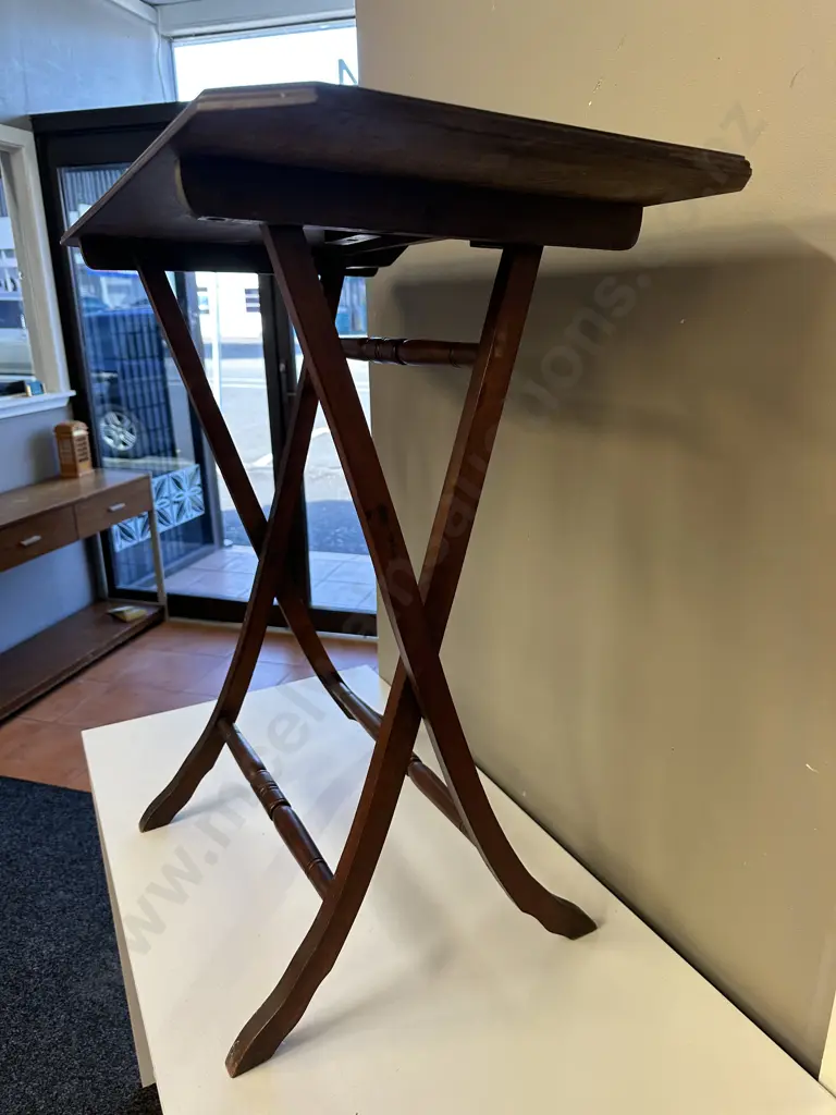 Edwardian Folding Campaign Table with cross base, turned detail Image 1++