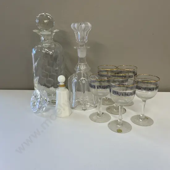 Vintage Decanter with crystal decanter lids, set of 6 glasses etc