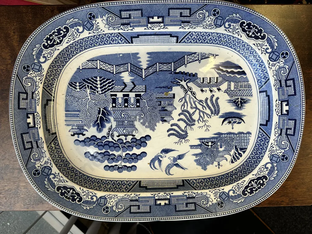 Trio of Antique Blue and White Willow Pattern Platters. Graduating Sizes 37 x 27cm,39 x 30cm,48 x 35cm Image 1++