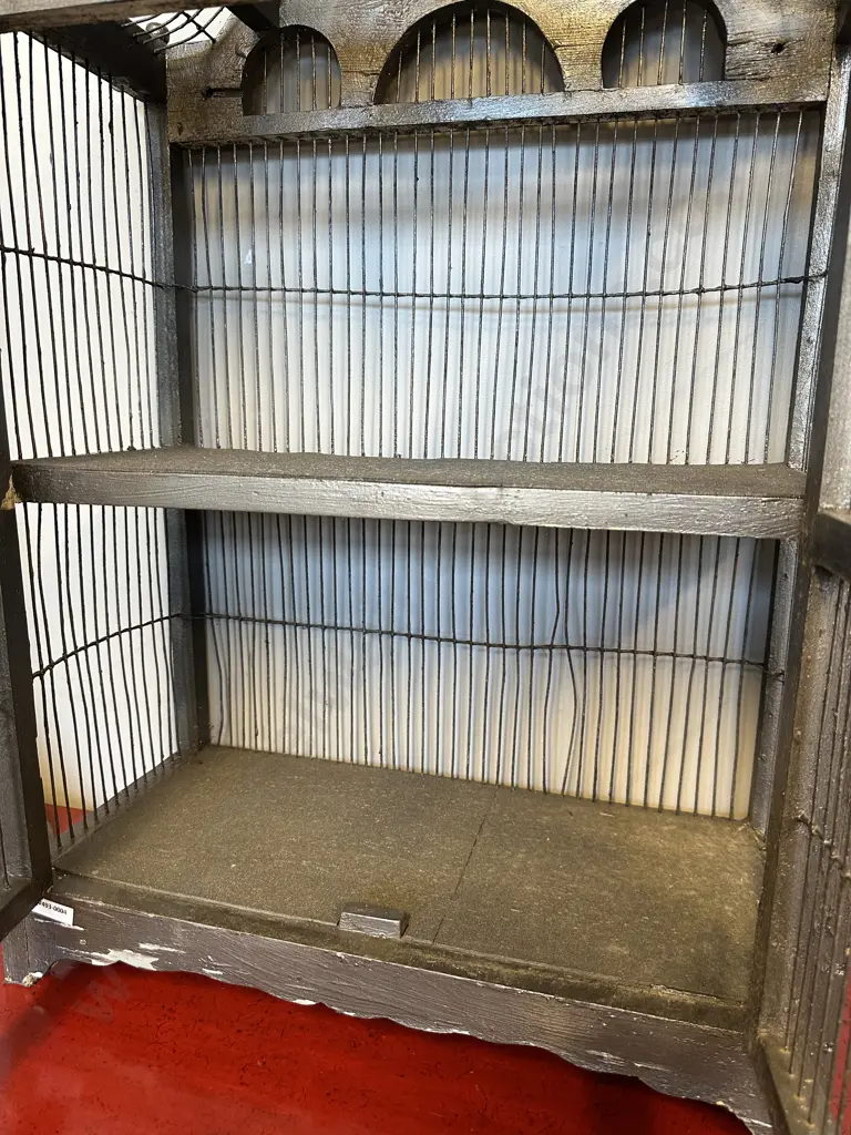 Vintage Wooden/Wire Storage Cabinet. Ornate detail, internal shelf. H88cm W50 D23cm Image 1++