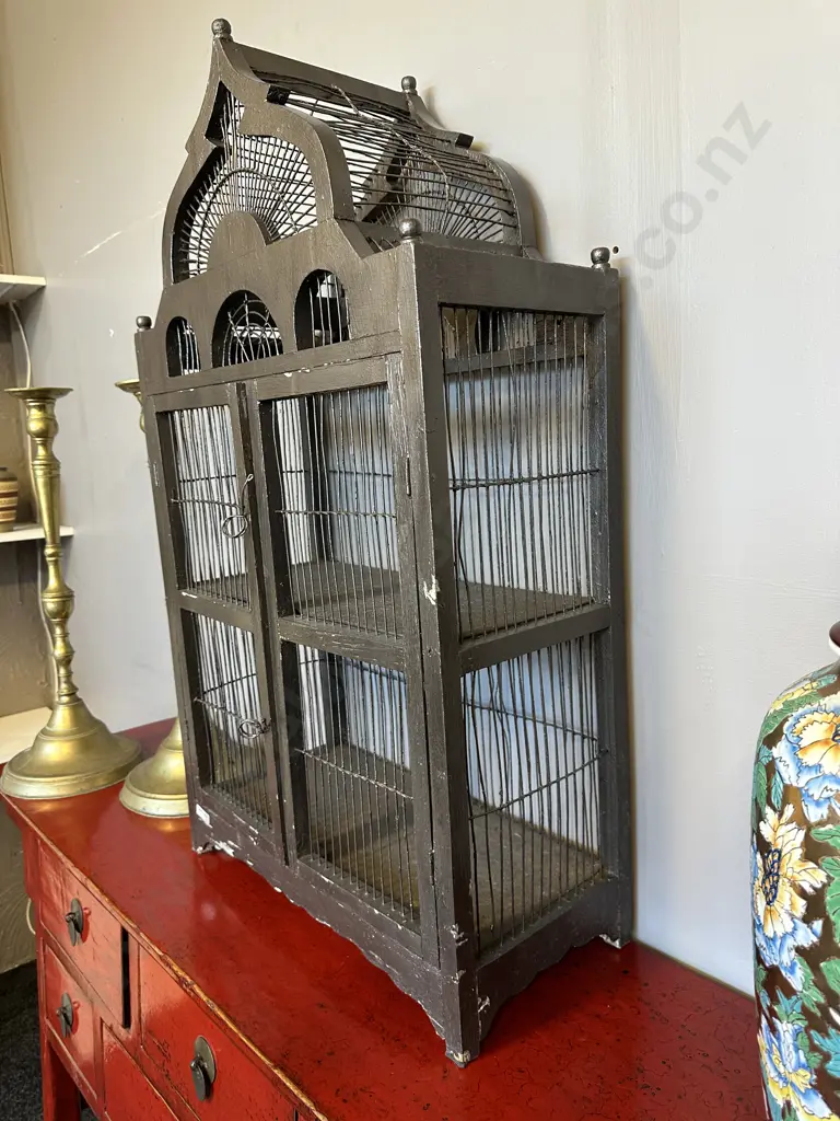 Vintage Wooden/Wire Storage Cabinet. Ornate detail, internal shelf. H88cm W50 D23cm Image 1++
