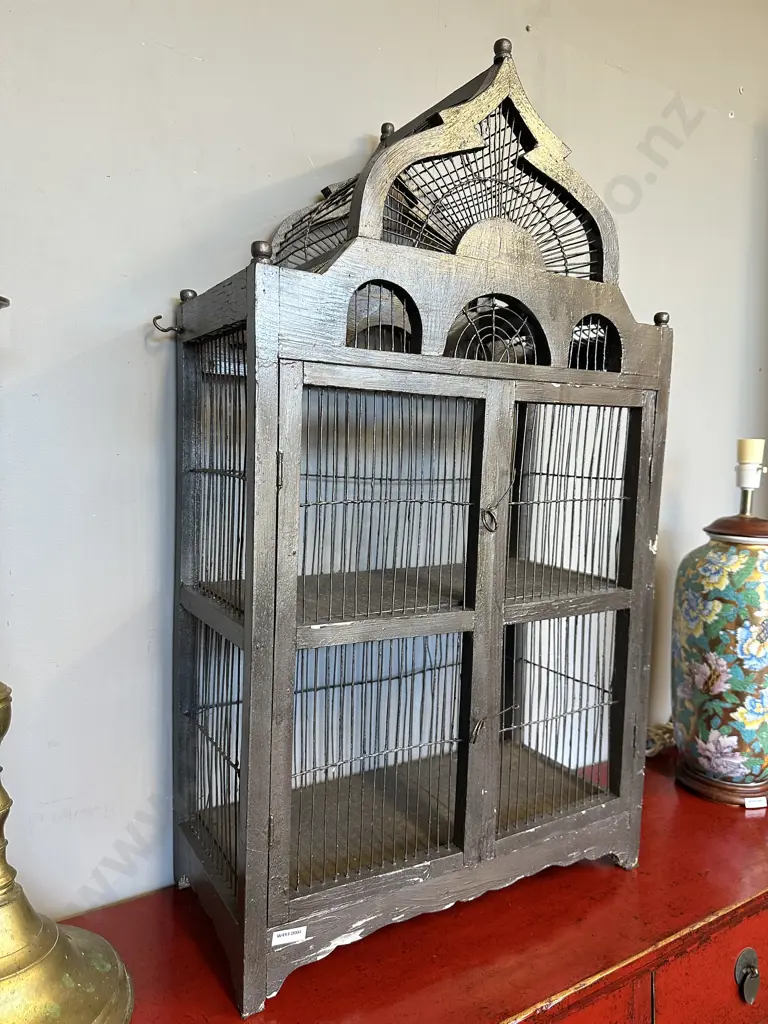Vintage Wooden/Wire Storage Cabinet. Ornate detail, internal shelf. H88cm W50 D23cm Image 1++
