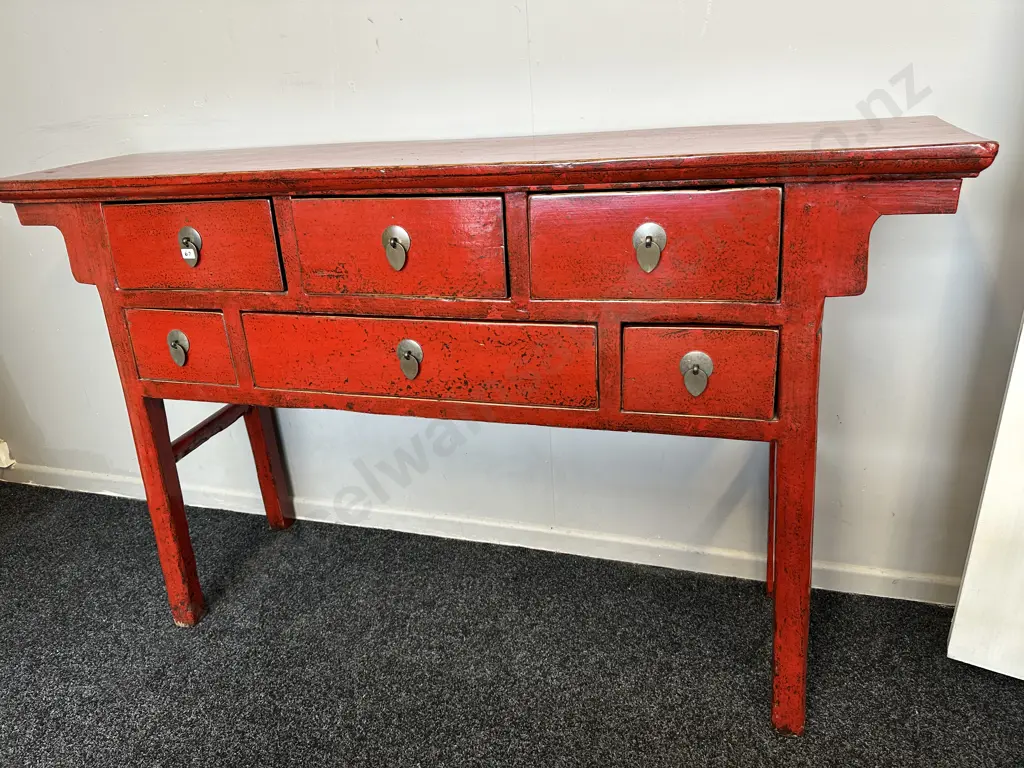 19th Century Chinese Red Lacquer 6 Drawer Console Table, Camphorwood, Anhui, H87 W145, D35 Image 1++