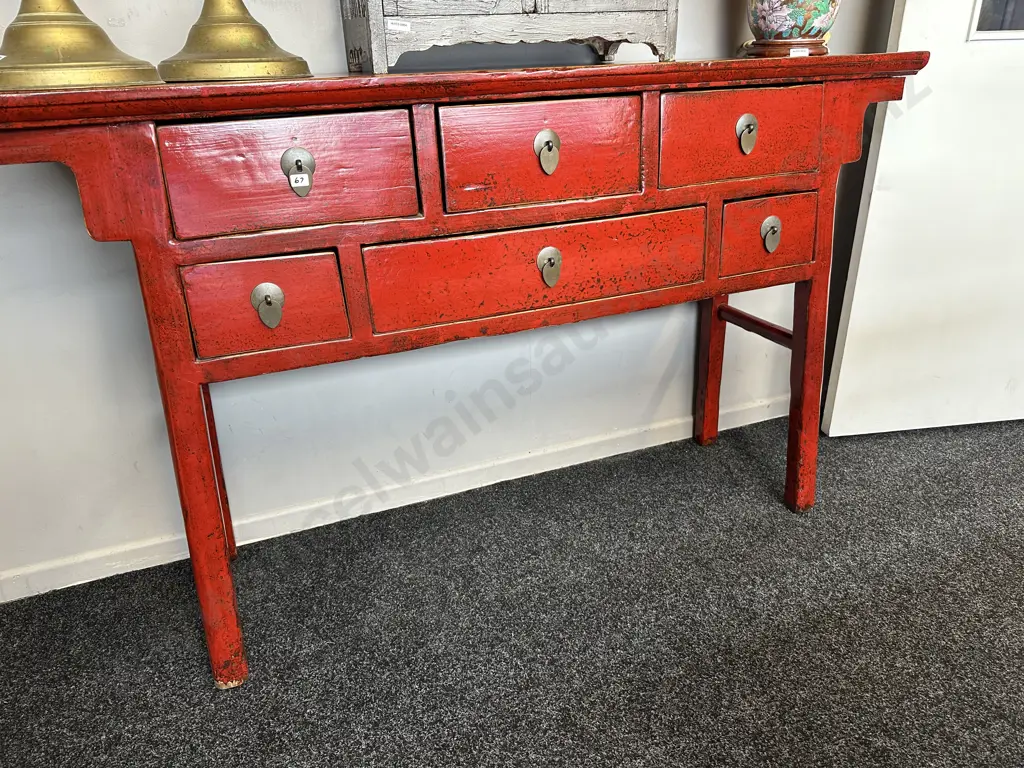 19th Century Chinese Red Lacquer 6 Drawer Console Table, Camphorwood, Anhui, H87 W145, D35 Image 1++