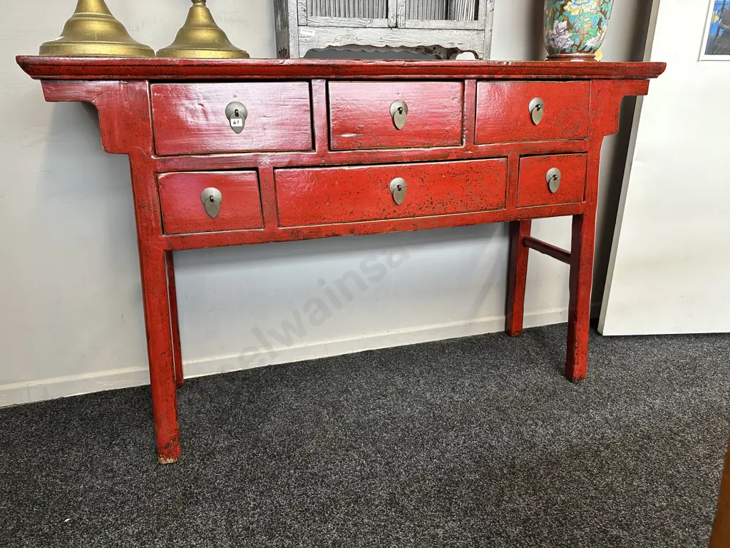 19th Century Chinese Red Lacquer 6 Drawer Console Table, Camphorwood, Anhui, H87 W145, D35 Image 1++