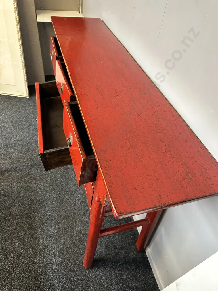 19th Century Chinese Red Lacquer 6 Drawer Console Table, Camphorwood, Anhui, H87 W145, D35 Image 1++