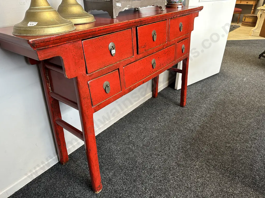 19th Century Chinese Red Lacquer 6 Drawer Console Table, Camphorwood, Anhui, H87 W145, D35 Image 1++