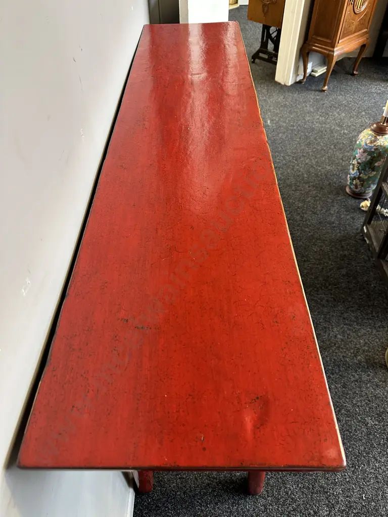 19th Century Chinese Red Lacquer 6 Drawer Console Table, Camphorwood, Anhui, H87 W145, D35 Image 1++