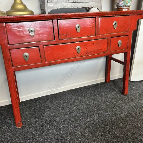 19th Century Chinese Red Lacquer 6 Drawer Console Table, Camphorwood, Anhui, H87 W145, D35