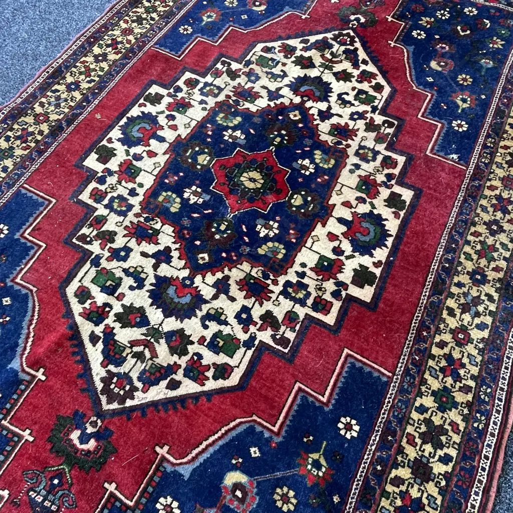 Stunning Woven Floor Rug. Rich blues, reds, creams, sand, purple colours. 295 x 160cm Image 1++
