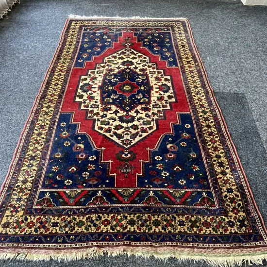 Stunning Woven Floor Rug. Rich blues, reds, creams, sand, purple colours. 295 x 160cm