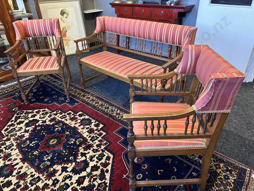 Stunning Edwardian Parlour Suite. Two seater with two armchairs. Terracotta striped fabric Image 1++