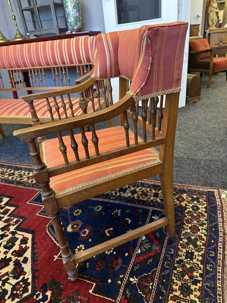 Stunning Edwardian Parlour Suite. Two seater with two armchairs. Terracotta striped fabric Image 1++