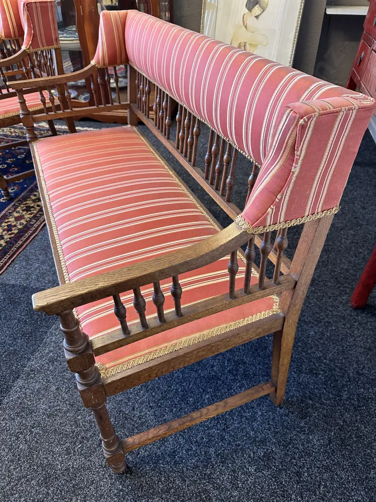 Stunning Edwardian Parlour Suite. Two seater with two armchairs. Terracotta striped fabric Image 1++