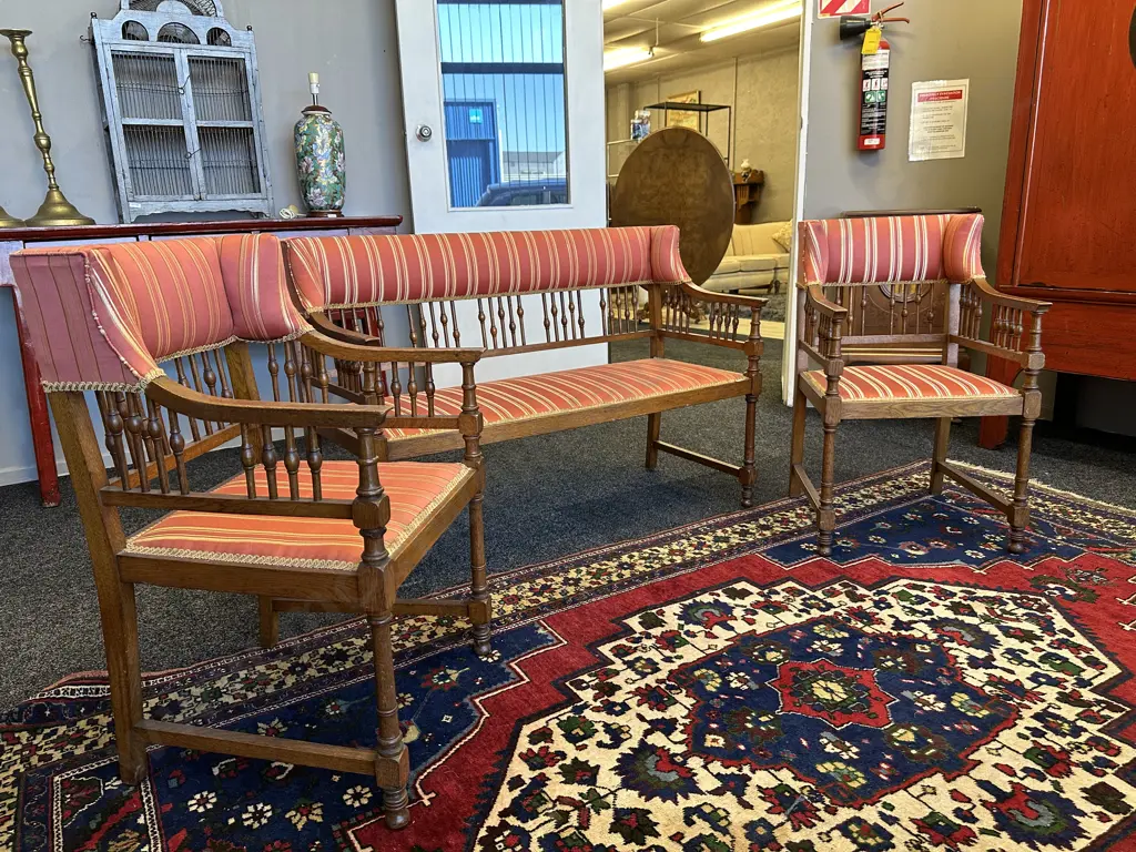 Stunning Edwardian Parlour Suite. Two seater with two armchairs. Terracotta striped fabric Image 1++