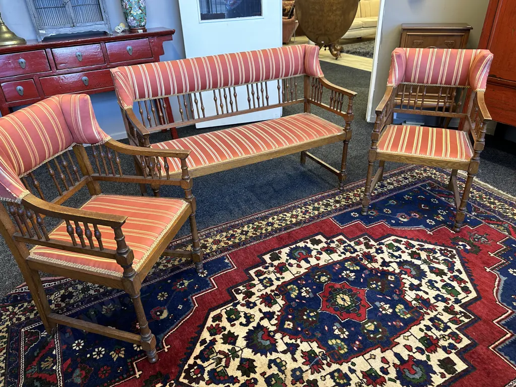 Stunning Edwardian Parlour Suite. Two seater with two armchairs. Terracotta striped fabric Image 1++