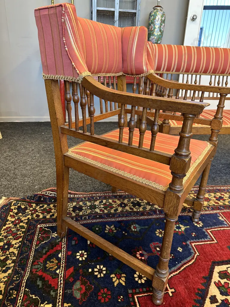 Stunning Edwardian Parlour Suite. Two seater with two armchairs. Terracotta striped fabric Image 1++