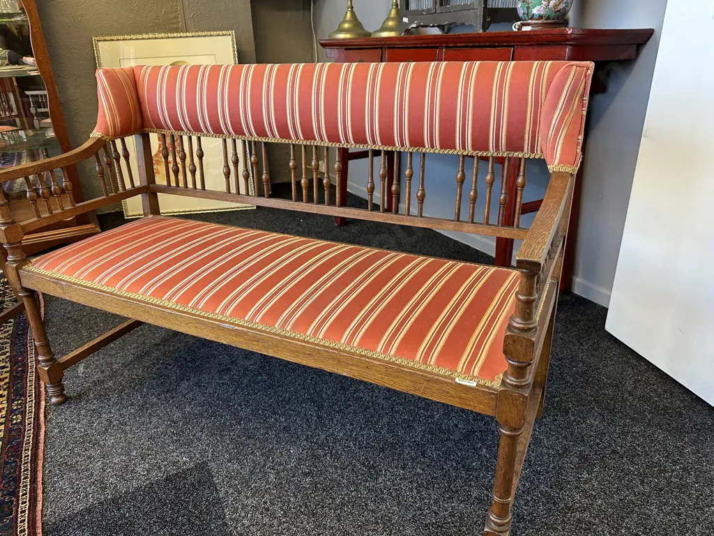 Stunning Edwardian Parlour Suite. Two seater with two armchairs. Terracotta striped fabric Image 1++