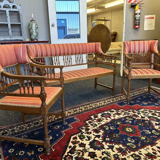 Stunning Edwardian Parlour Suite. Two seater with two armchairs. Terracotta striped fabric