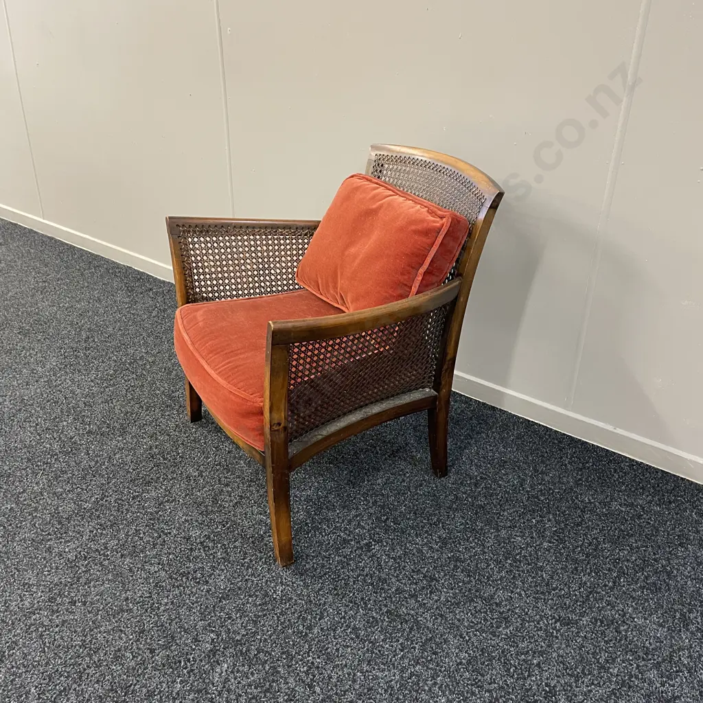 Antique Mahogany Cane filled Armchair with burgandy velvet upholstery and cushion Image 1++