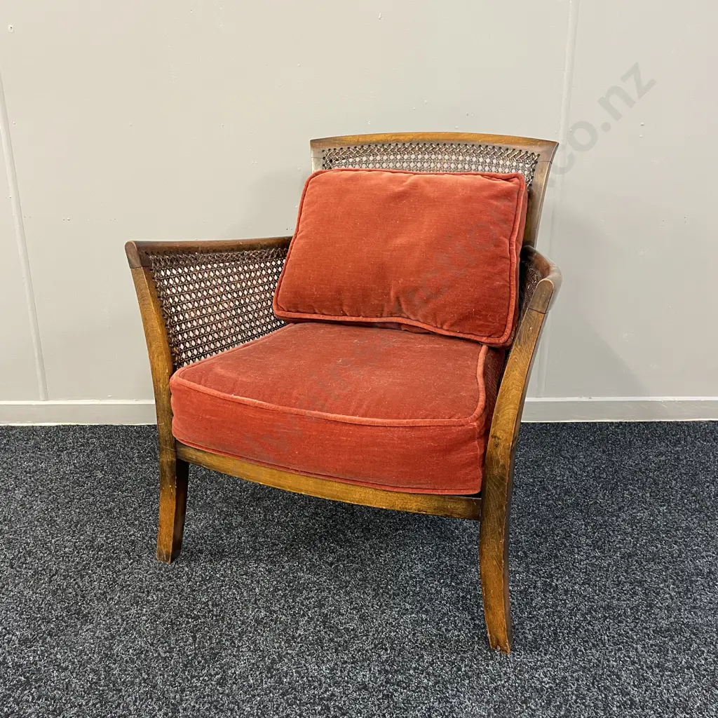 Antique Mahogany Cane filled Armchair with burgandy velvet upholstery and cushion Image 1++