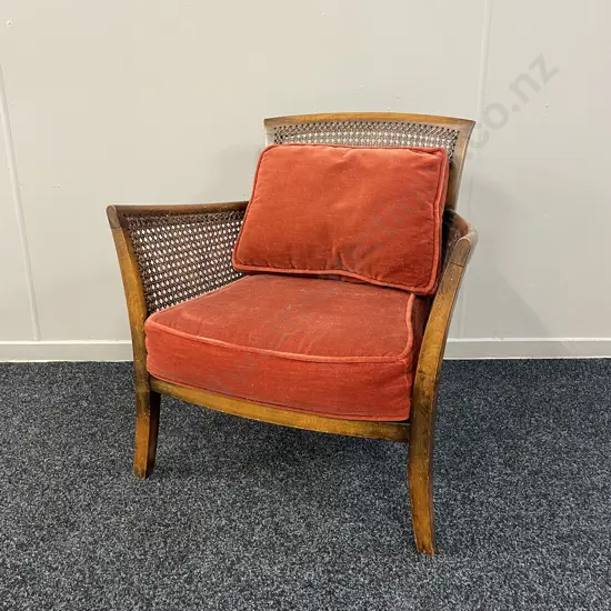 Antique Mahogany Cane filled Armchair with burgandy velvet upholstery and cushion