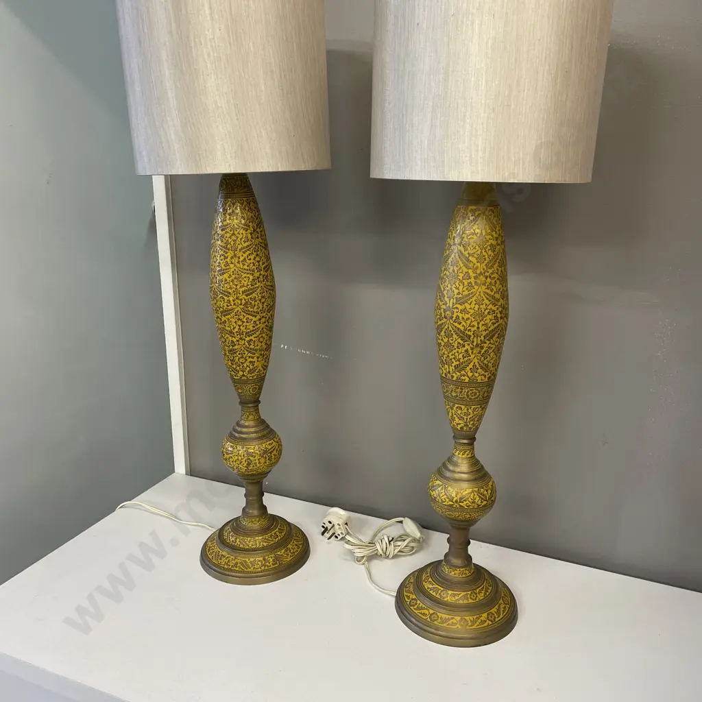 Pair of Antique Brass Etched Relief Hand Painted Floral Pattern Lamps With Silk Shades, H63cm, FH 78c Image 1++