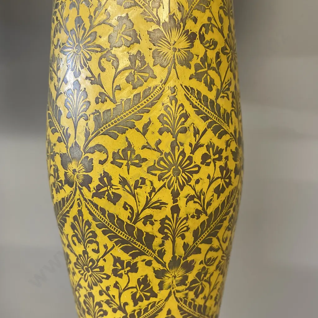 Pair of Antique Brass Etched Relief Hand Painted Floral Pattern Lamps With Silk Shades, H63cm, FH 78c Image 1++