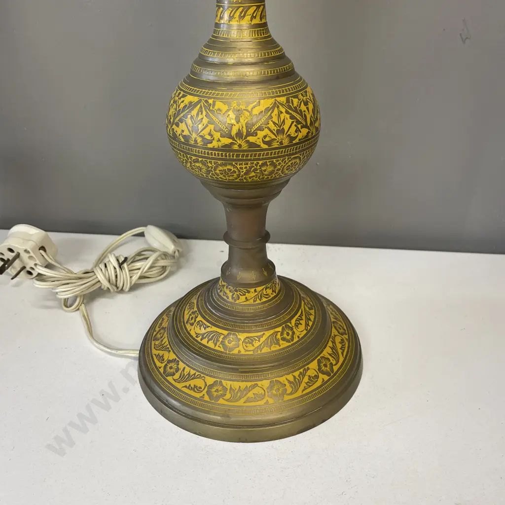 Pair of Antique Brass Etched Relief Hand Painted Floral Pattern Lamps With Silk Shades, H63cm, FH 78c Image 1++