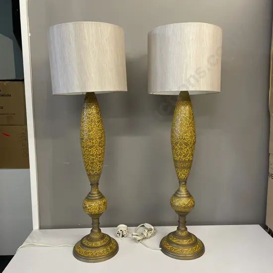 Pair of Antique Brass Etched Relief Hand Painted Floral Pattern Lamps With Silk Shades, H63cm, FH 78c