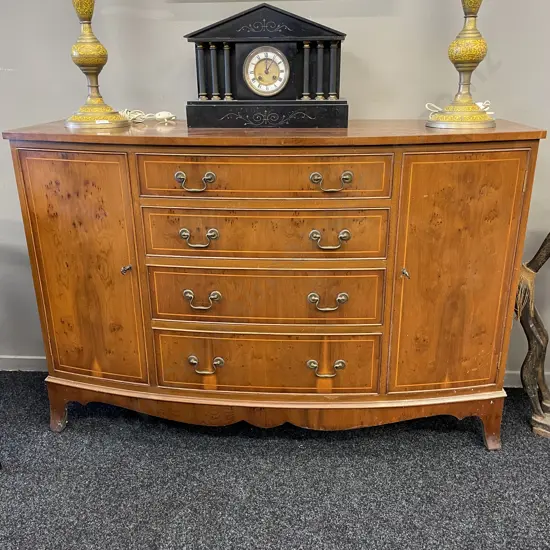 Georgian Style Bow Front Sideboard with inlaid detail. 4 drawer (1 for cutlery), 2 door with keys. H87 W130 D46cm