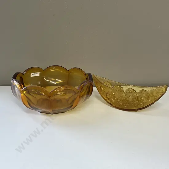 Two Vintage Amber Glass items. Large Bowl Dia23cm with relief Boat shaped Bowl