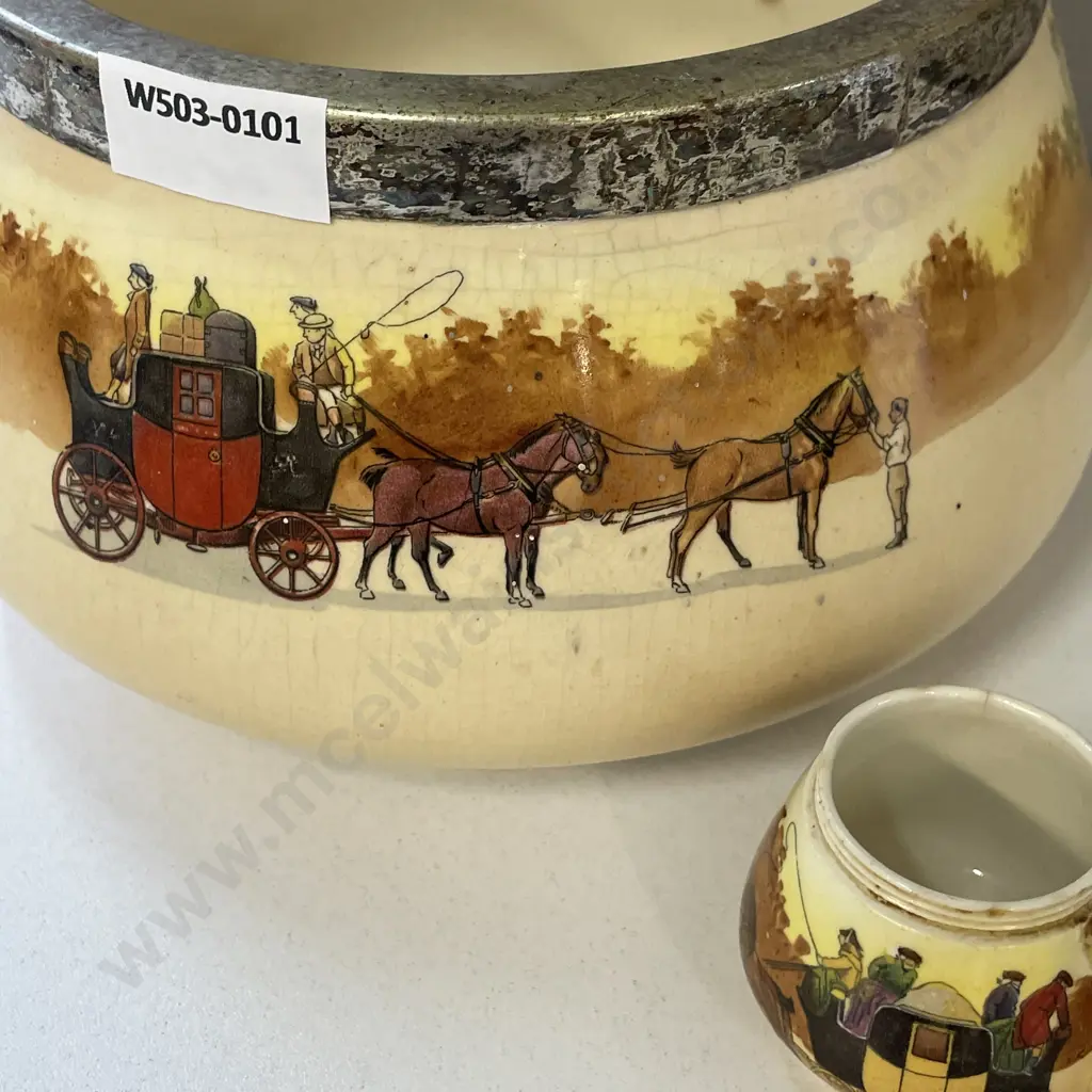 Vintage Royal Doulton Red Door Coaching Bowl with Silver plated trim. H11 Dia21cm with Cruet mustard pot Image 1++