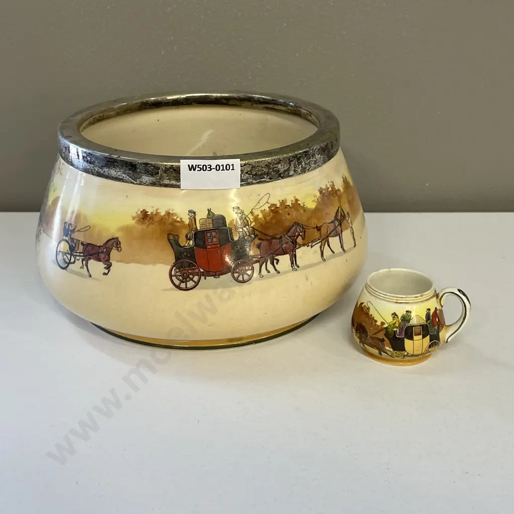 Vintage Royal Doulton Red Door Coaching Bowl with Silver plated trim. H11 Dia21cm with Cruet mustard pot Image 1++