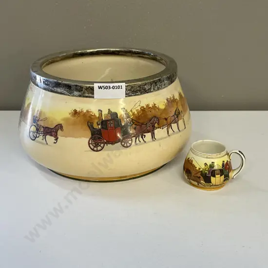 Vintage Royal Doulton Red Door Coaching Bowl with Silver plated trim. H11 Dia21cm with Cruet mustard pot