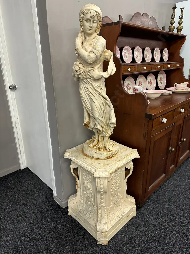 Cast Iron Garden Statue - Classical Lady With Roses On Ornate Plinth, Antique Cream Finish, 101cm on 67 x 52cm Plinth Image 1++