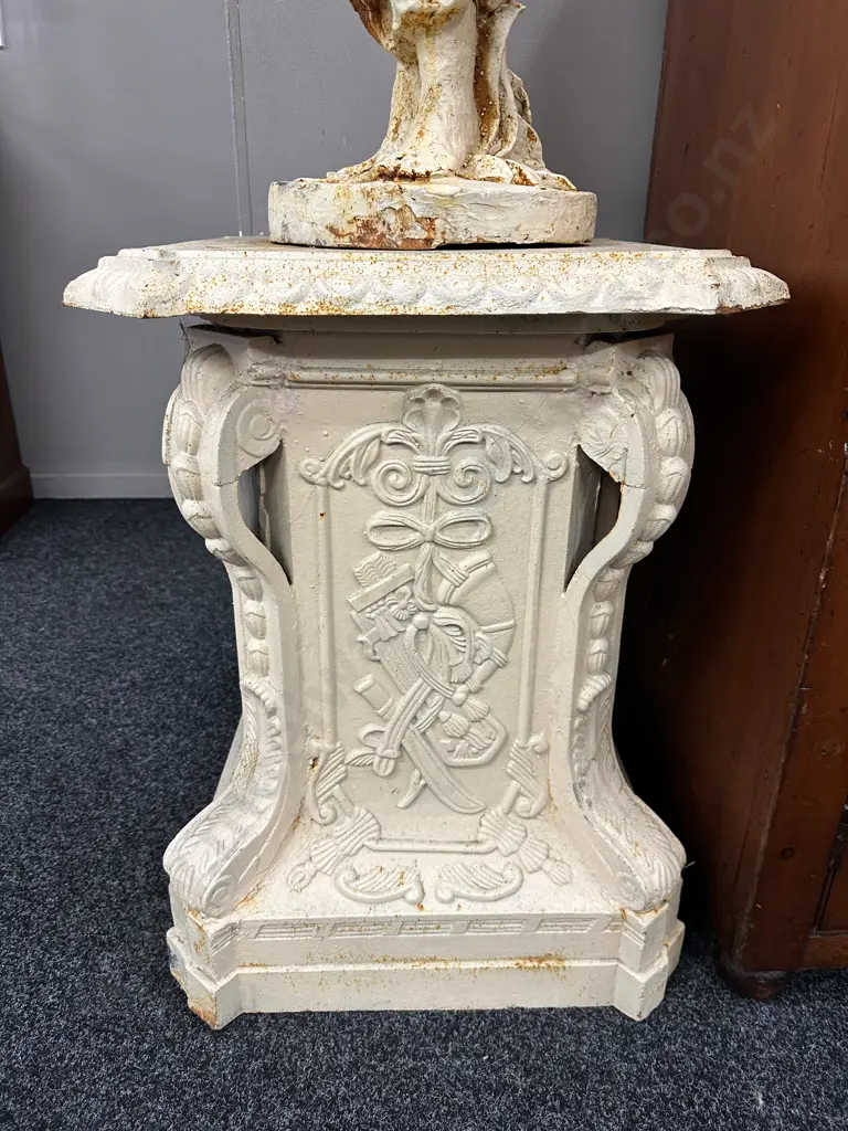 Cast Iron Garden Statue - Classical Lady With Roses On Ornate Plinth, Antique Cream Finish, 101cm on 67 x 52cm Plinth Image 1++