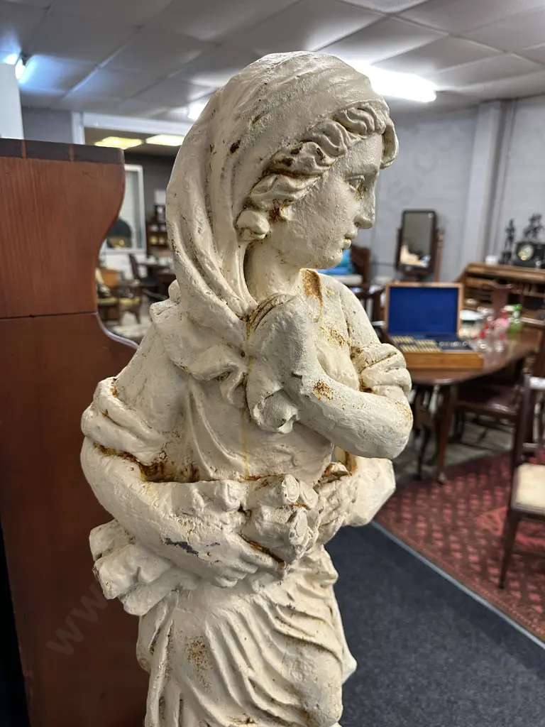 Cast Iron Garden Statue - Classical Lady With Roses On Ornate Plinth, Antique Cream Finish, 101cm on 67 x 52cm Plinth Image 1++