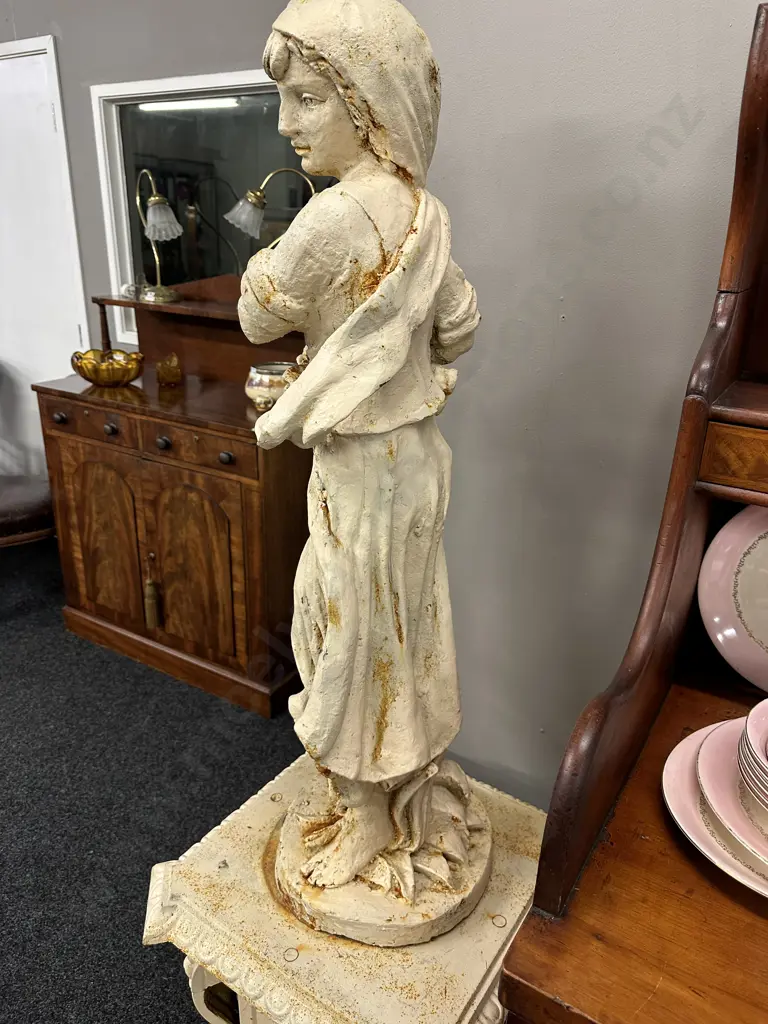 Cast Iron Garden Statue - Classical Lady With Roses On Ornate Plinth, Antique Cream Finish, 101cm on 67 x 52cm Plinth Image 1++