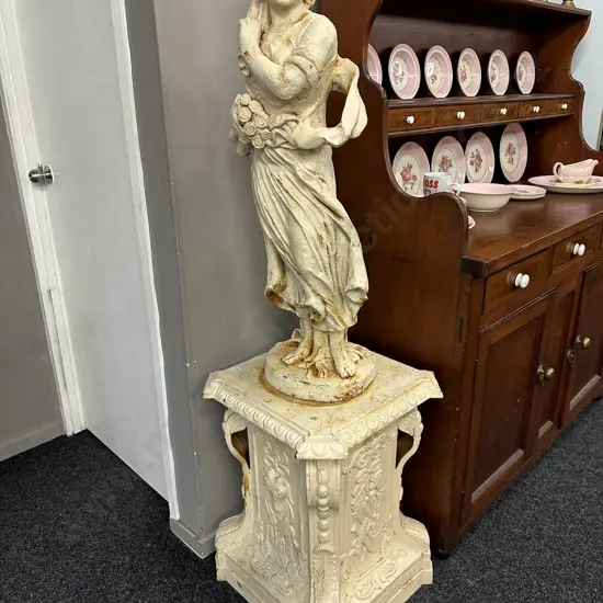 Cast Iron Garden Statue - Classical Lady With Roses On Ornate Plinth, Antique Cream Finish, 101cm on 67 x 52cm Plinth