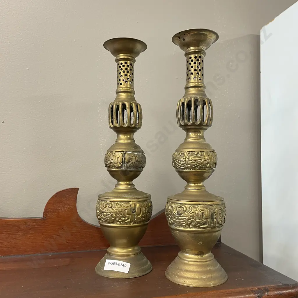 Pair Vintage Ornate Brass Candlesticks. H28.5cm Image 1++