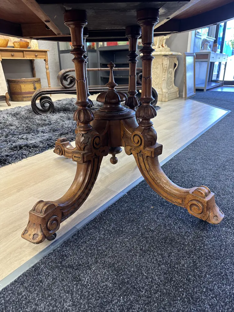 Heavily carved oval Ornate Burr Walnut Quad Pedestal Lou Table. Original castors, brass latches H74 L135 W100 Image 1++