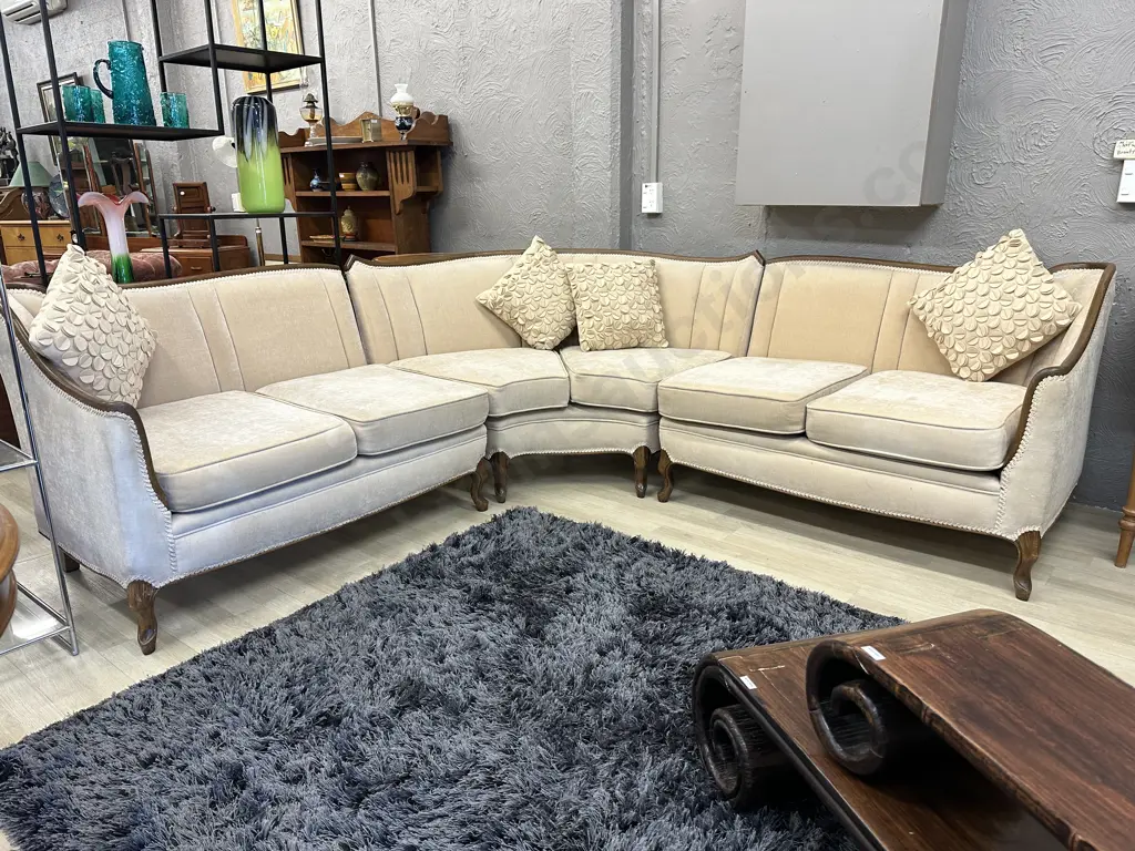 Stunning Framed Mahogany 3 pce Corner Suite. Plush caramel upholstery. carved hoofed legs Image 1++