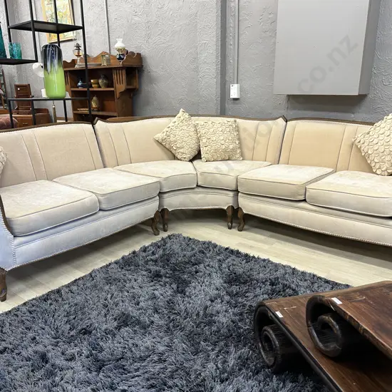 Stunning Framed Mahogany 3 pce Corner Suite. Plush caramel upholstery. carved hoofed legs