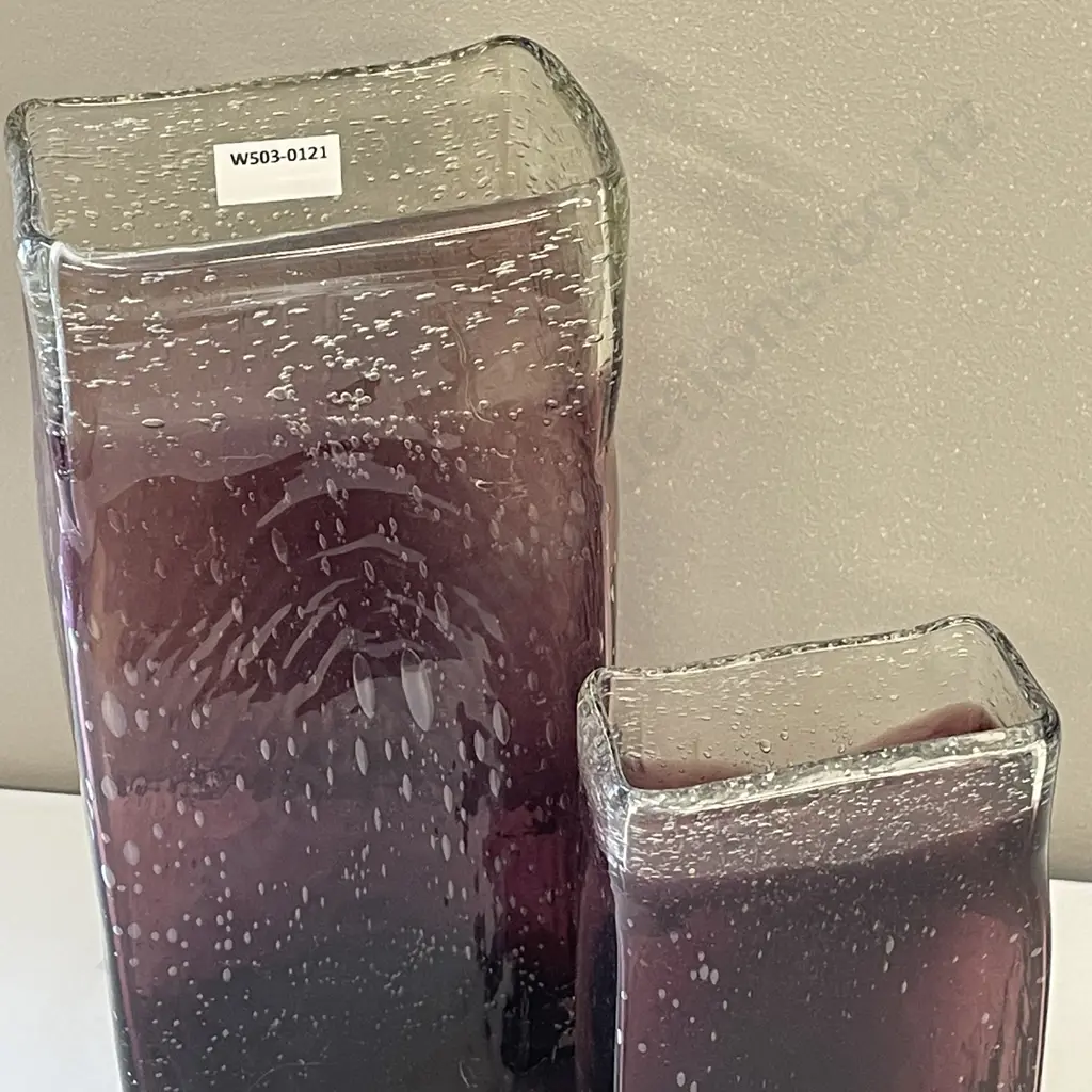 Two Art Glass Bubble Vases. Rectangular shape with purple and clear glass tones. H29 and H21cm Image 1++