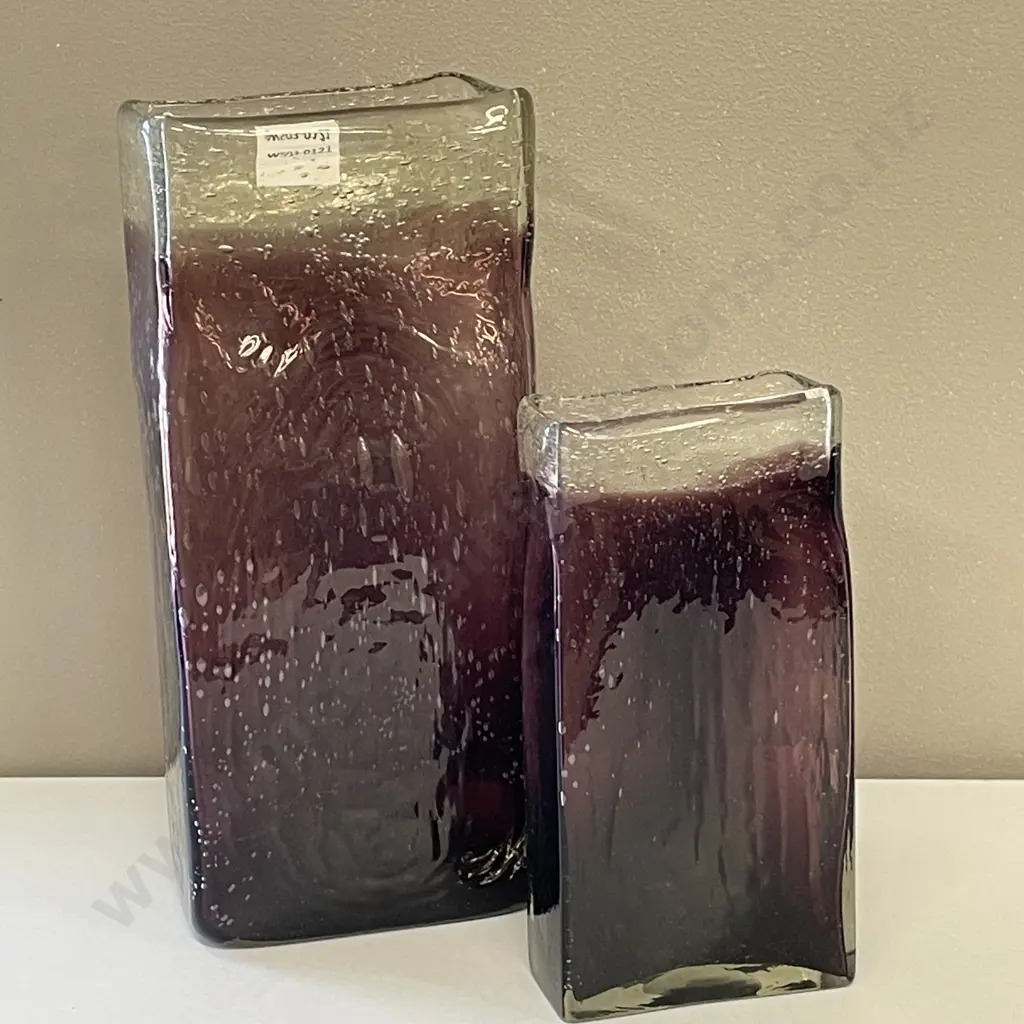 Two Art Glass Bubble Vases. Rectangular shape with purple and clear glass tones. H29 and H21cm Image 1++