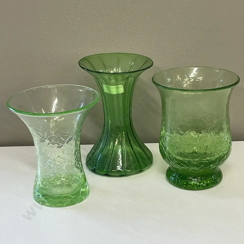 Two Lime Crackle Art Glass Vases with one other. H16, 15, 14cm Image 1++