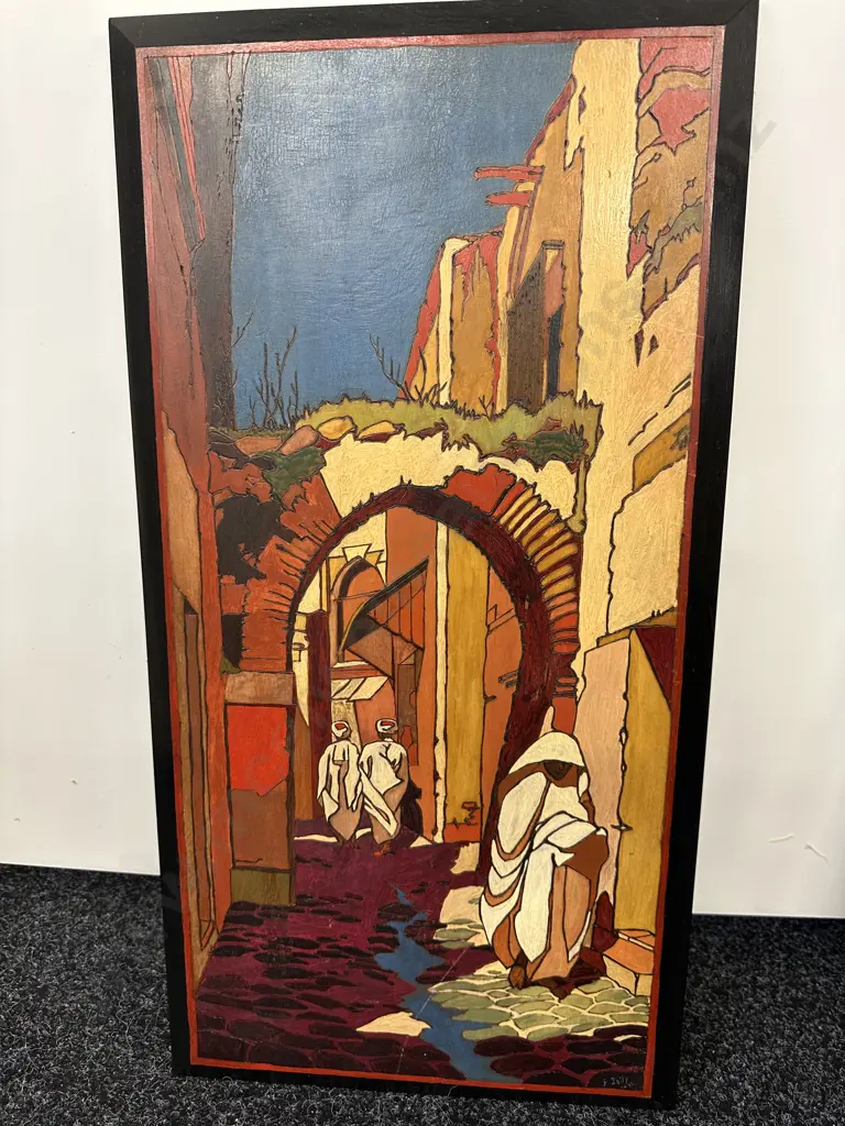 Pair of Large Wooden Handpainted & Incised Panels, Middle eastern Scenes, 66 x 35cm Image 1++